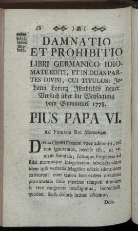 Damnatio Et Prohibitio ... / Verdammung und Verboth ...