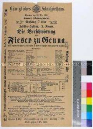 Programm des Königlichen Schauspielhauses Dresden für die Aufführung von "Die Beschwörung des Fiesco von Genua" am 28. Mai 1911