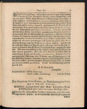 XVI. Der Deputirten Remonstration, zu Beybehaltung der Privilegien de Anno 1678. Anno 1690.