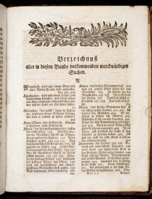 Verzeichnuß aller in diesem Bande vorkommenden merckwürdigen Sachen.