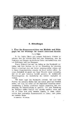 Über das Zusammenwirken von Medizin und Pädagogik bei der Fürsorge für unsere abnormen Kinder