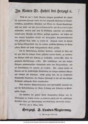Im Namen Sr. Hoheit des Herzogs [et]c. : ...Gotha, am 9. März 1848