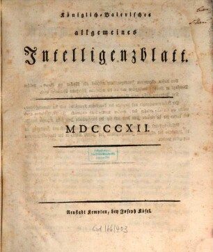 Königlich Baierisches Intelligenz-Blatt des Iller-Kreises. 1812