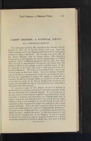 Tariff Reform: A National Policy