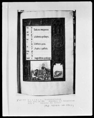 Gebetbuch mit Kalendarium — Buchseite mit Monatsbild Februar und Tierkreiszeichen, Folio 6recto