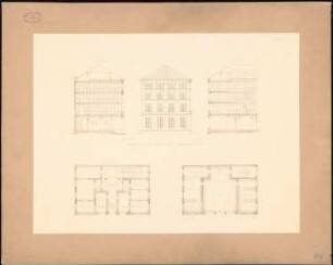 Jesuitenbibliothek, Köln: Grundriss EG und OG, Schnitte, Seitenansicht