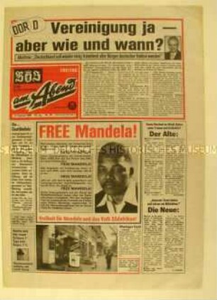 (Ost)-Berliner Tageszeitung "BZ am Abend" zur Diskussion in der DDR um die deutsche Einheit und zur bevorstehenden Freilassung von Nelson Mandela