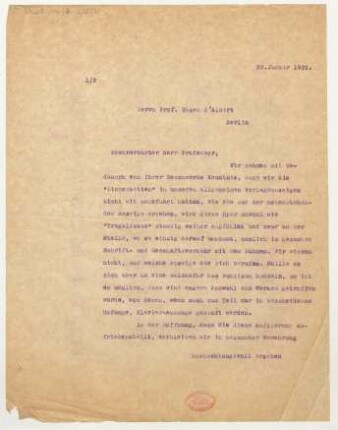Brief an Eugen d' Albert : 20.01.1922