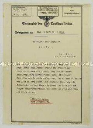 Telegramm des karpatoukrainischen Ministers Revay an Hitler mit seiner Kritik an der deutschen Regierung bezüglich der Billigung der Besetzung der Karpatoukraine durch Ungarn