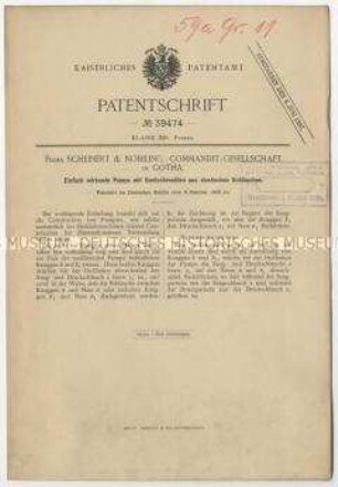 Patentschrift einer einfach wirkenden Pumpe mit Quetschventilen aus elastischen Schläuchen, Patent-Nr. 39474