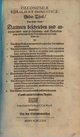Oeconomia Ruralis Et Domestica : Darin[n] das gantz Ampt aller trewer Hauß-Vätter, Hauß-Mütter, beständiges und allgemeines Hauß-Buch, vom Haußhalten ... begriffen ... ; Sampt beygefügter einer experimentalischer Hauß-Apotecken und kurtzer Wund-artzney-Kunst, wie dann auch eines Calendarii perpetui ..., 2. Oeconomiae Ruralis Et Domesticae. Ander Theil.
