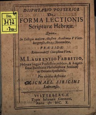Disp. posterior de forma lectionis scripturae Hebraeae
