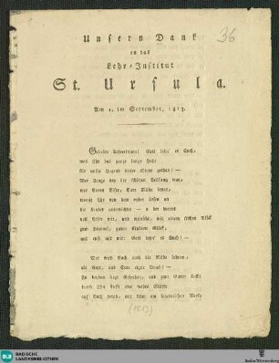 Unsern Dank an das Lehr-Institut St. Ursula : Am 1. im September, 1813