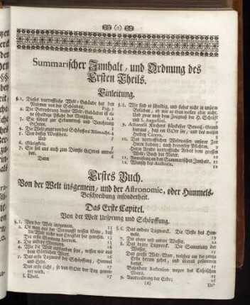 Summarischer Innhalt, und Ordnung des Ersten Theils.