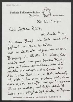 Brief an Svjatoslav Teofilovič Richter, 06.02.1993