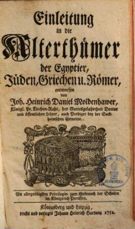 Einleitung in die Alterthümer der Egyptier, Jüden, Griechen u. Römer