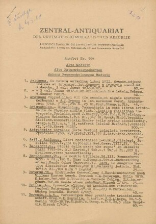Nr. 594: Alte Medizin Alte Naturwissenschaften Anhang Neuerscheinungen Medizin