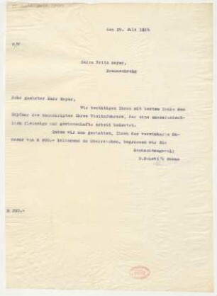 Brief an Fritz Meyer : 29.07.1914