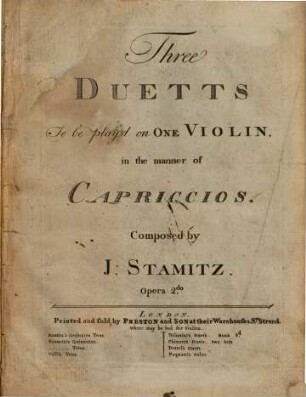 Three duetts to be play'd on one violin in the manner of capriccios ; op. 2do