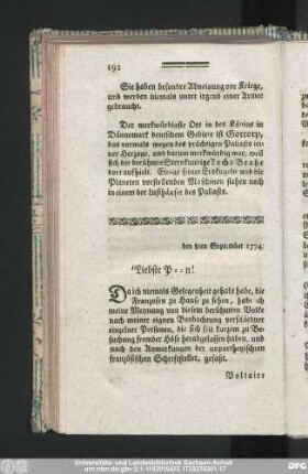 den 8ten September 1774. Liebste P-n!