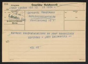 Brief von John Galsworthy an Gerhart Hauptmann