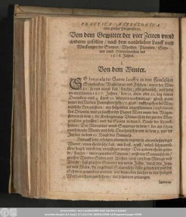 Von dem Gewitter der vier Zeiten unnd anderen zufällen/ nach dem natürlichen Lauff unnd Wirckungen der Sonnen/ Monden/ Planeten/ Sternen unnd Himmelszeichen des 1608. Jahres.
