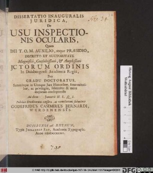 Dissertatio Inauguralis Juridica, De Usu Inspectionis Ocularis