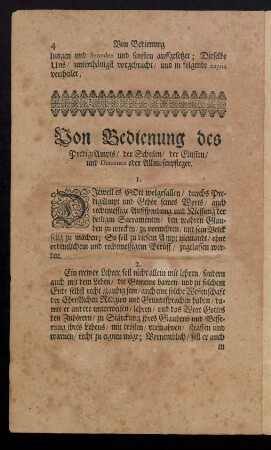 Von Bedienung des PredigtAmpts/ der Eltisten/ und Diaconen oder Allmosenpfleger.