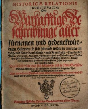 Historicae relationis continvatio : oder warhafftige Beschreibunge aller fürnemen vnnd gedenckwürdigen Historien .... 1627