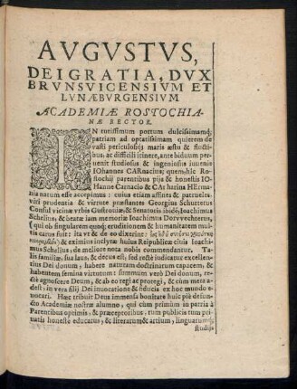 Augustus, Dei Gratia, Dux Brunsvicensium Et Lunaeburgensium Academiae Rostochianae Rector.
