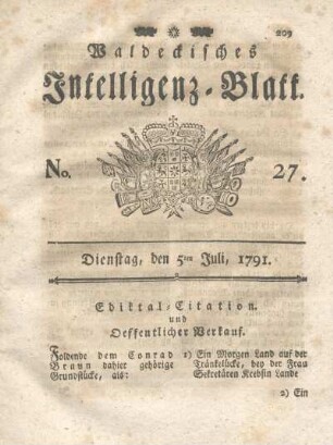 No. 27, Dienstag, den 5ten Juli, 1791