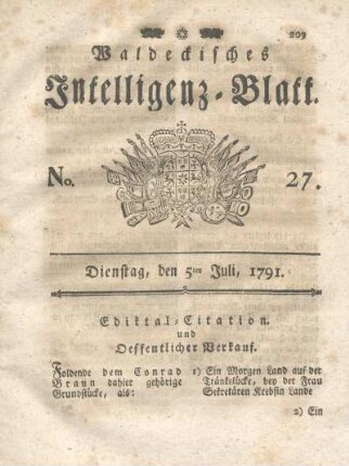 No. 27, Dienstag, den 5ten Juli, 1791