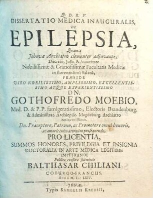 Dissertatio Medica Inauguralis, De Epilepsia
