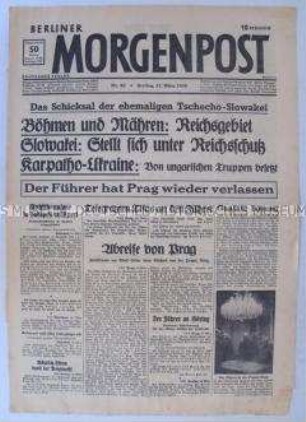 Titelblatt der Tageszeitung "Berliner Morgenpost" zur Annexion von Böhmen und Mähren