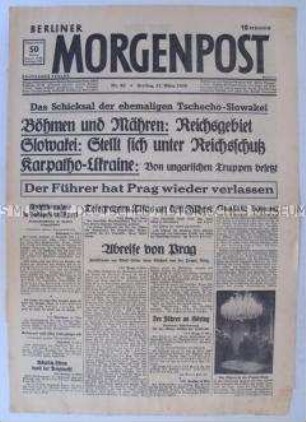 Titelblatt der Tageszeitung "Berliner Morgenpost" zur Annexion von Böhmen und Mähren