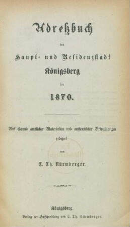 1870: Adreßbuch der Haupt- und Residenzstadt Königsberg i. Pr. und der Vororte