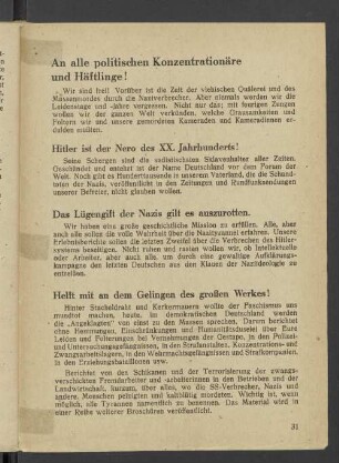 An alle politischen Konzentrationäre und Häftlinge!