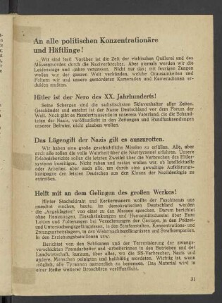 An alle politischen Konzentrationäre und Häftlinge!