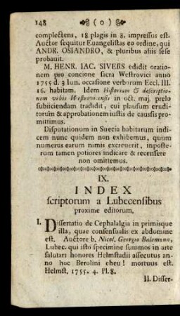 IX. Index scriptorum a Lubecensibus proxime editorum