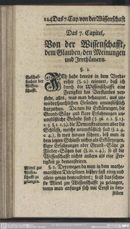 Das 7. Capitel, Von der Wissenschafft, dem Glauben, den Meinungen und Irrthümern