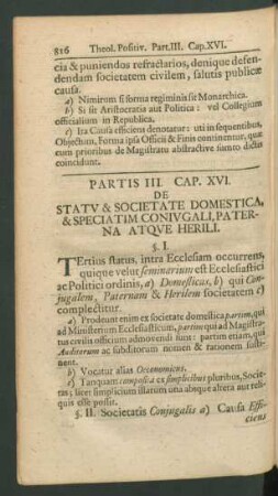 Cap. XVI. De Statu & Societate Domestica & Speciatim Coniugali, Paterna Atque Herili
