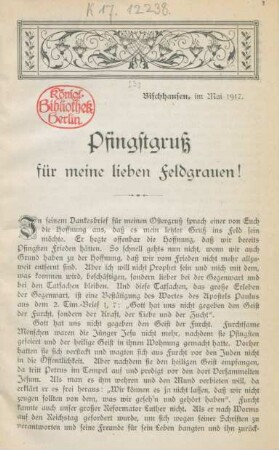 Pfingstgruß für meine lieben Feldgrauen : Bischhausen, im März 1917