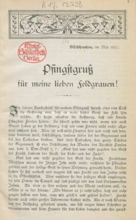 Pfingstgruß für meine lieben Feldgrauen : Bischhausen, im März 1917
