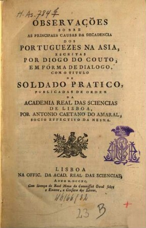 Observações sobre as principaes causas da decadencia dos Portuguezes na Asia