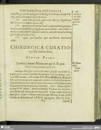 Chirugicarum Curationum De tumoribus, Sectio Prima