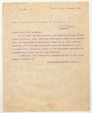 Brief an Eugen d' Albert : 21.09.1922