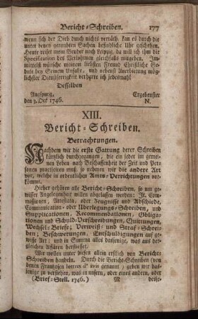 XIII. Bericht-Schreiben.