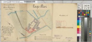 [Kleinbahn Birkesdorf-Hoven-Merken] Lageplan [für eine] 1000 mm spurige Gleisanläge für die Dürener Papierfabrik in Hoven bei Düren; Querschnitt [eines Waggons]