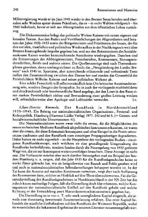 Rimmele, Lilian-Dorette :: Der Rundfunk in Norddeutschland 1933 - 1945, ein Beitrag zur nationalsozialistischen Organisations-, Personal- und Kulturpolitik, (Geistes- und sozialwissenschaftliche Dissertationen, 41) : Hamburg, Lüdke, 1977