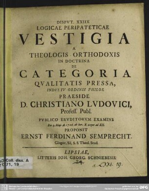 Disput. XXIIX. Logicae Peripateticae Vestigia A Theologis Orthodoxis In Doctrina De Categoria Qualitatis Pressa ...